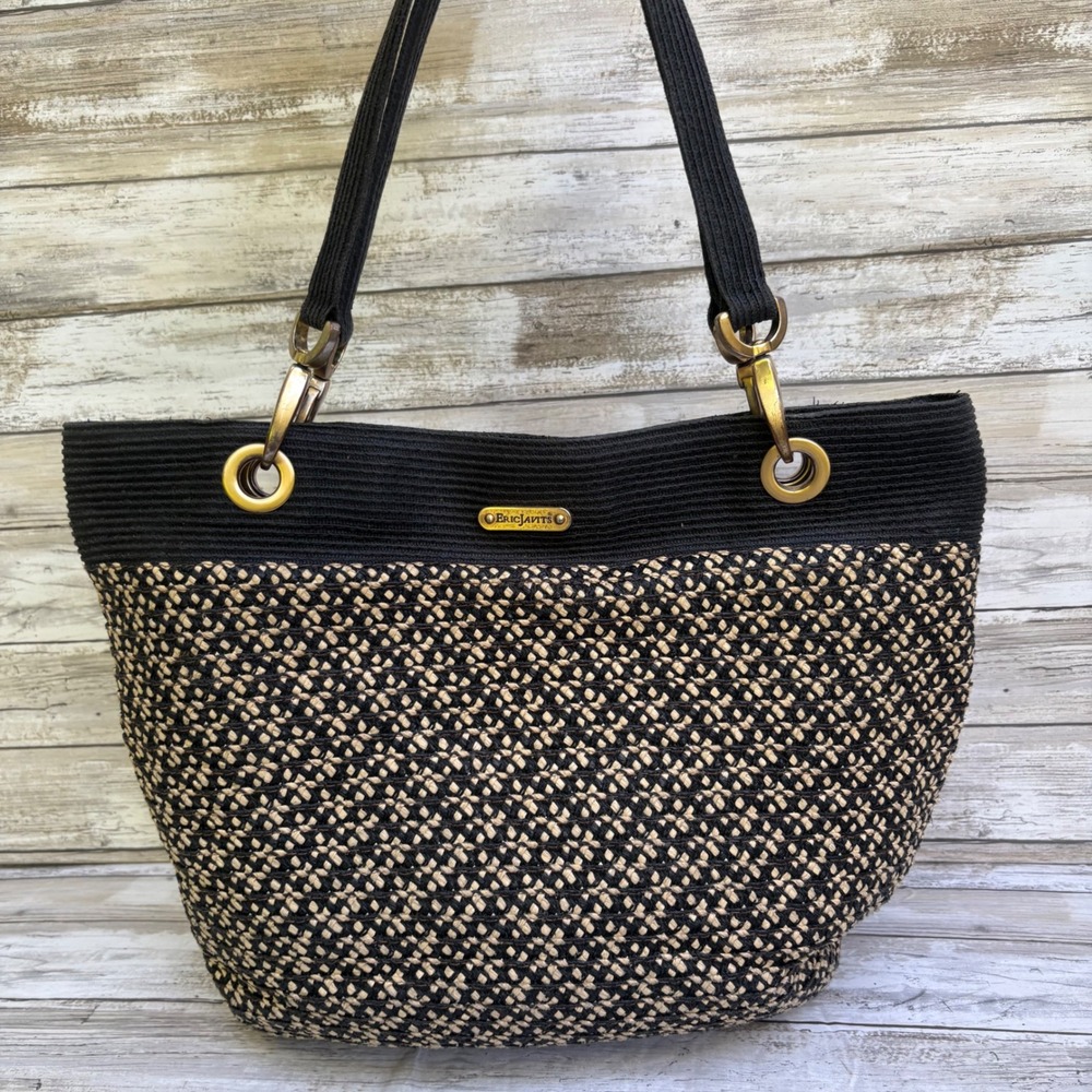 Eric Javits Squishee Tote Bag Medium Black Tan Woven Shoulder Bag Coastal Preppy